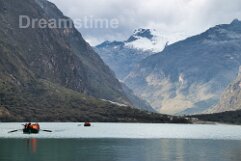 Boats on Chinan Cocha, female lake Llanganuco, Huaraz, Peru Boats on Chinan Cocha, female lake Llanganuco, Huaraz, Peru. Blue sky with clouds.