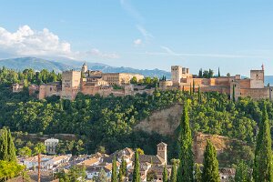 Nasrid Palaces and Alcazaba, Alhambra and Albaicin, Granada Nasrid Palaces and Alcazaba during sunset, Alhambra and Albaicin, Granada, Andalusia, Spain
