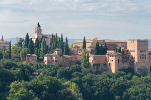Nasrid Palaces and Alcazaba, Alhambra, Granada Nasrid Palaces and Alcazaba during sunset, Alhambra, Granada, Andalusia, Spain