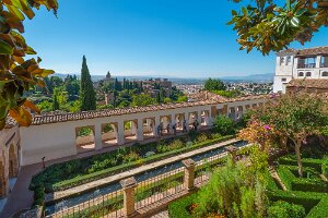 Patio of the irrigation ditch of Generalife, view of Alhambra Patio of the irrigation ditch of Generalife, view of Alhambra, Granada, Andalusia, Spain