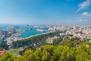 Aerial view of Malaga from Giralfabo Aerial view of Malaga from Giralfabo: Harbour, Town Hall, Alcazaba, Cathedral, and Museum of Malaga