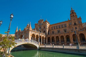 Main building at Spain Square, Plaza de Espana, in Sevilla Main building and bridge at Spain Square, Plaza de Espana, in Sevilla, Andalusia, Spain