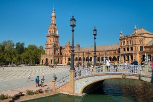 Main building at Spain Square, Plaza de Espana, in Sevilla Main building and bridge at Spain Square, Plaza de Espana, in Sevilla, Andalusia, Spain